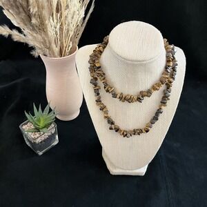 Necklace Polished Golden Brown Tiger Eye Stones Vintage 30" Long VTG Retro Boho